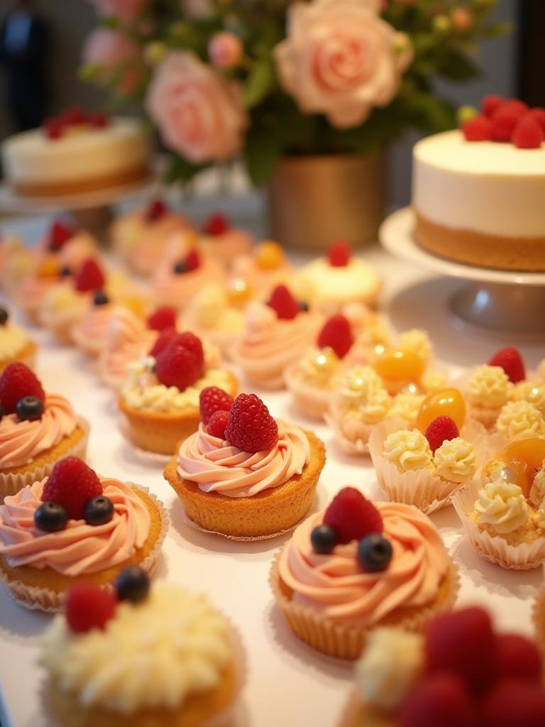 Una impresionante mesa de postres en un evento, llena de tartas, cupcakes y dulces variados.