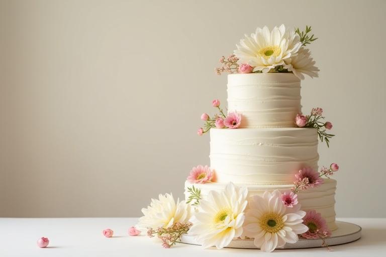 Una elegante tarta de boda de varios pisos con flores naturales.