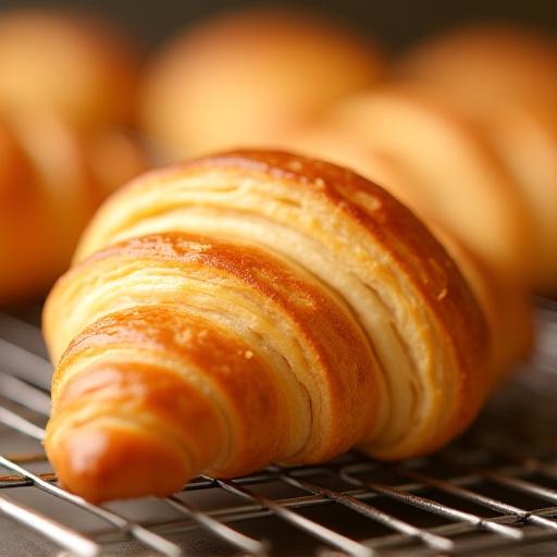Un croissant perfectamente dorado y hojaldrado sobre una rejilla.